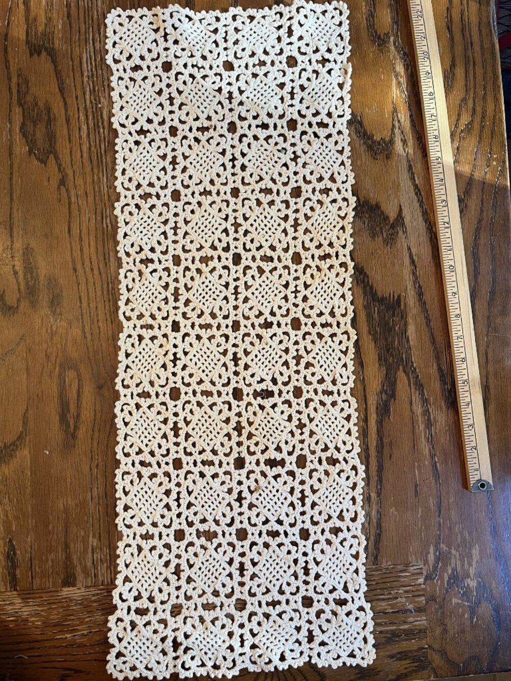 Vintage Crochet Table Runner: Handmade Beige Cotton Yarn 30"x12"